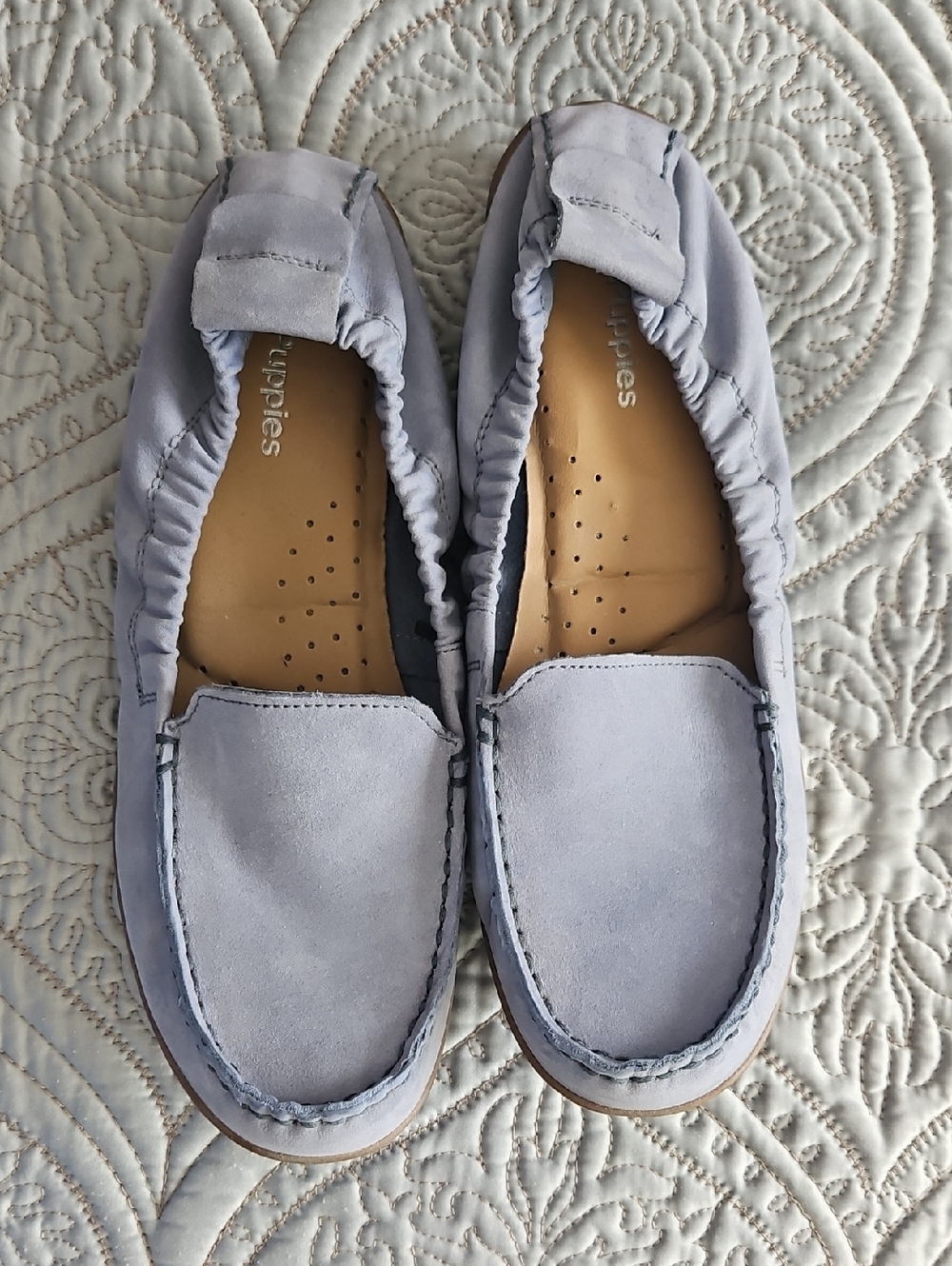 Hush Puppies Women's Suede Moccasins in Light Bue Gray
